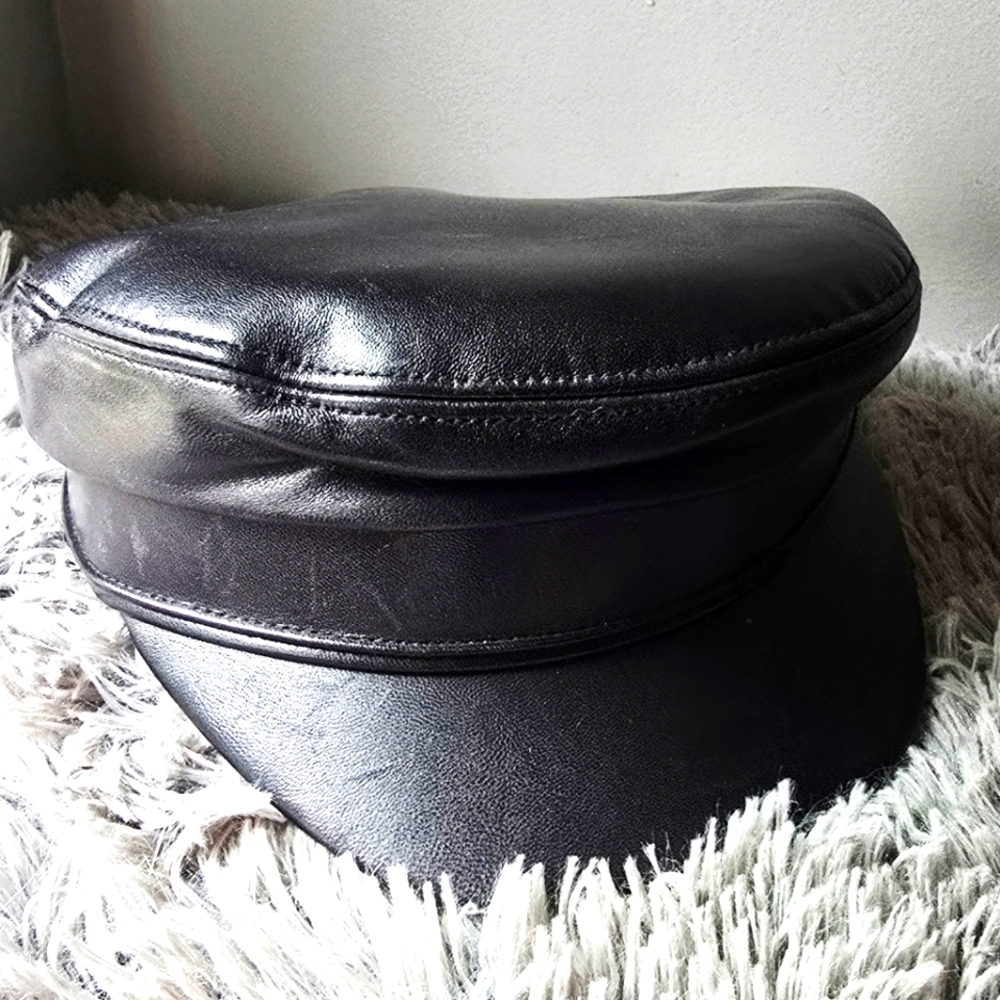 Vintage CELINE Black Leather leather Biker's Cap, Late 90s